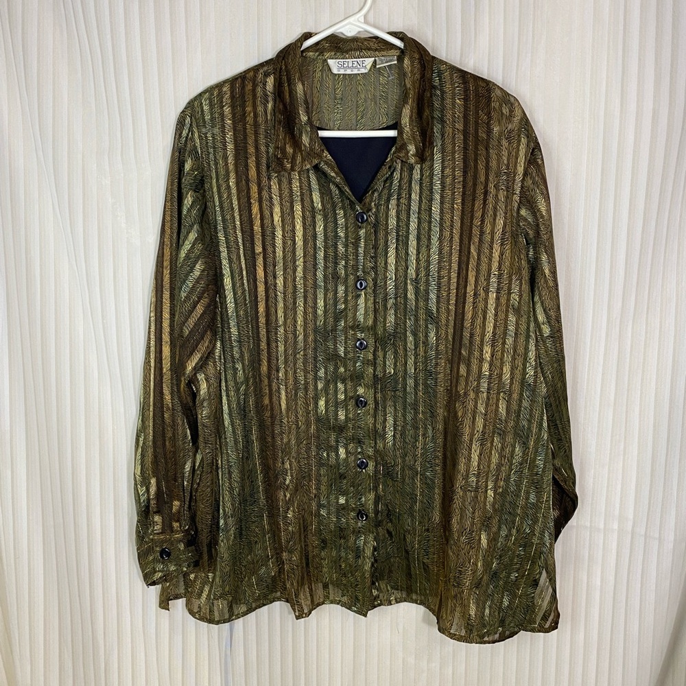 Selene Sport 1X Sheer Button Front Blouse Attached Black Tank Gold Metallic Top